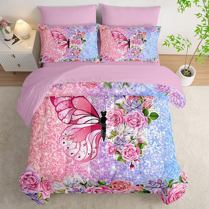 Butterfly Comforter Set (7 Piece) - Twin Size, Floral Pink Purple Bedding, Girls/Teens, Soft Microfiber, Sheets/Pillowcases Included