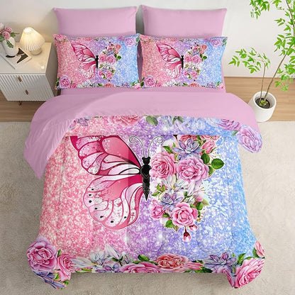 Butterfly Comforter Set (7 Piece) - Queen Size, Floral Pink Purple Bedding, Girls/Teens, Soft Microfiber, Sheets/Pillowcases Included