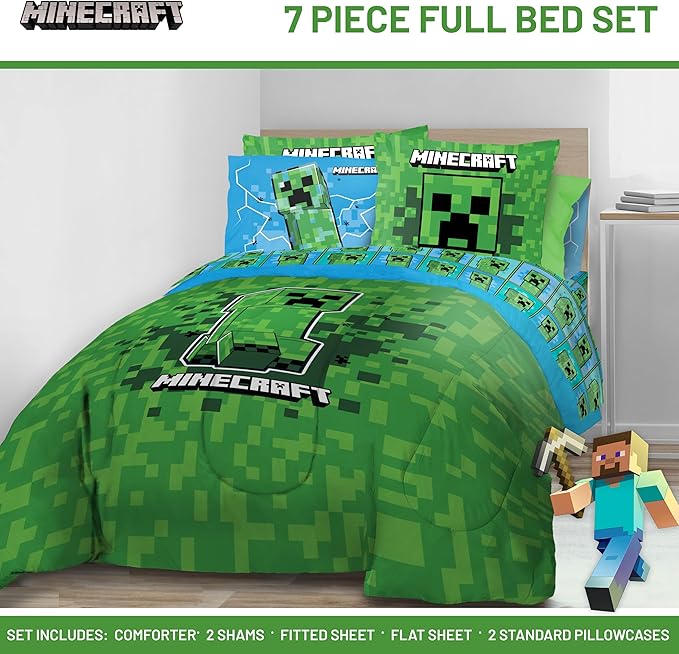 Jay Franco Kids Comforter Set Includes Sheets and Pillow Covers - Soft and Cozy Bed Set for Stylish Room Decor, Green - Minecraft Creeper, 7 Piece Full Size Bedding