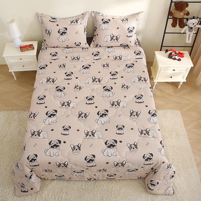 Kids Comforter Set 7 Piece Bedding Cute Dog Cartoon Animal Bed Microfiber Comforter Twin Size All Season (1 Comforter, 1 Flat Sheet, 1 Fitted Sheet, 4 Pillowcase)