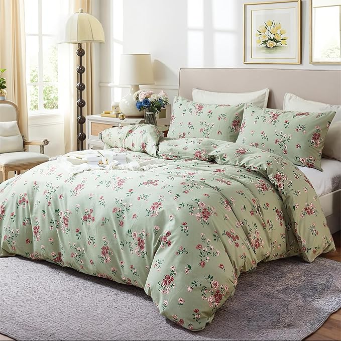 100% Cotton Duvet Cover Set Queen Size– Green Classic Botanical Print Bedding Set 3 Pieces, Breathable Lightweight Comforter Cover with Zipper Closure, Vintage Garden Floral Bed Set