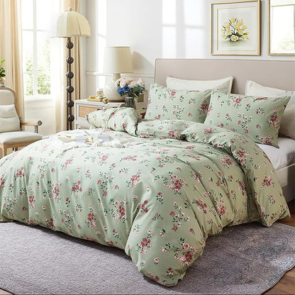 100% Cotton Duvet Cover Set Queen Size– Green Classic Botanical Print Bedding Set 3 Pieces, Breathable Lightweight Comforter Cover with Zipper Closure, Vintage Garden Floral Bed Set