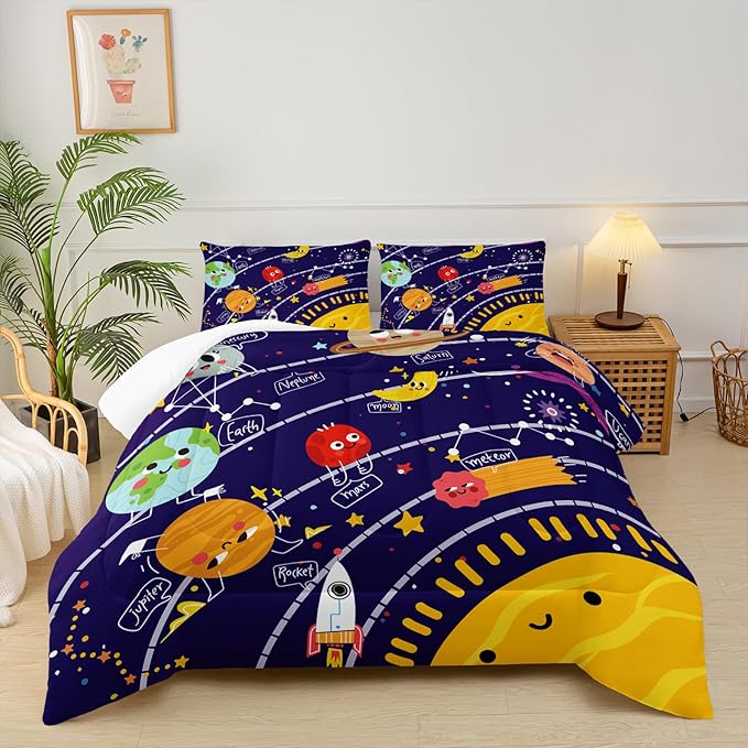 Cartoon Outer Space Theme Comforter Set Queen for Kids，Boys Queen Size Bedding Set Galaxy，Galaxy Quilt Queen Size，with 1 Comforter with 2 Pillow Case