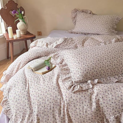BuLuTu Purple Floral Duvet Cover Full, 100% Cotton Muslin Comforter Cover for Kids Teens Girls, Shabby Chic Princess Bedding Ruffled Quilt Cover with 2 Pillow Cases, Soft Lightweight