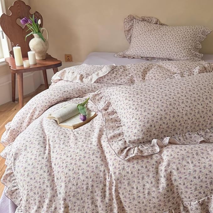 BuLuTu Purple Floral Duvet Cover Twin, 100% Cotton Muslin Comforter Cover for Kids Toddler Girls, Shabby Chic Princess Bedding Ruffled Quilt Cover with 2 Pillow Cases, Soft Lightweight