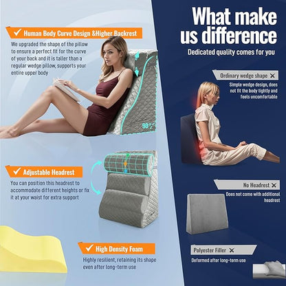 Daneey Reading Pillows for Sitting in Bed Adult Back Pillow for Bed Sitting Up, Back Support Pillow for Bed with Adjustable Roller, Foam Wedge Pillow for Neck, Lumbar, Back, Gray, 20 * 12 * 26IN