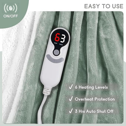 Heated Blanket Electric Throw 50''x60'', 3 Hour Auto Shut-Off 6 Heating Levels Small Warm Soft Flannel Electric Blanket Machine Washable - Light Green
