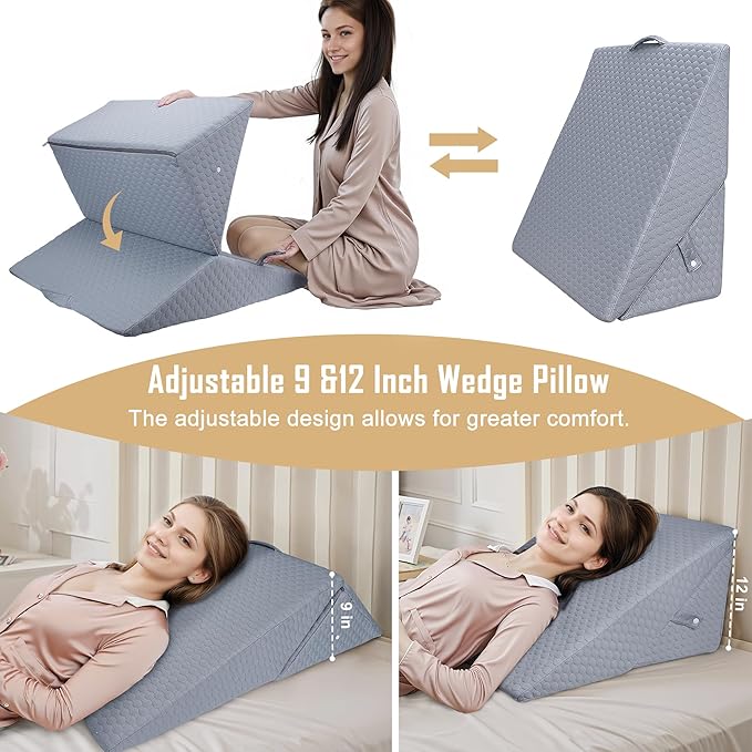 Bed Wedge Pillow for Sleeping, Adjustable Wedge Pillow Set for After Surgery, Elevated Triangle Pillow for Acid Reflux and Back Pain Relief, Post Surgery, Snoring, Back Suppor (Gray-01)
