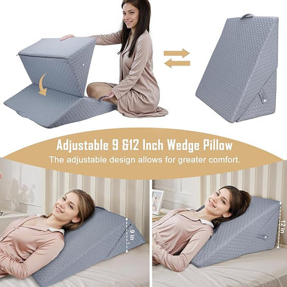 Bed Wedge Pillow for Sleeping, Adjustable Wedge Pillow Set for After Surgery, Elevated Triangle Pillow for Acid Reflux and Back Pain Relief, Post Surgery, Snoring, Back Suppor (Gray-01)