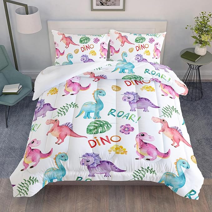 Cartoon Dinosaur Comforter Set Queen 3Pc Kawaii Dinosaur Bedding Set All Season with Tree, Leaf Decoration Includes 1 Comforter, 2 Pillowcases for Kids Girls Teens