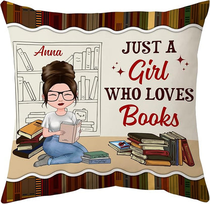 Hyturtle Personalized Book Throw Pillow (Insert Included) Gifts for Girl Book Lover Reading Club Librarian on Birthday Valentines - Just A Girl Who Loves Books Custom Name Couch Cushion Decor Pillow