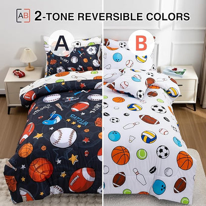 A Nice Night 6Pcs Bed in A Bag Full Sports Microfiber Modern Comforter Set,Gray Rugby Ball Printed Bedding Collections,for Boys Kids Teen