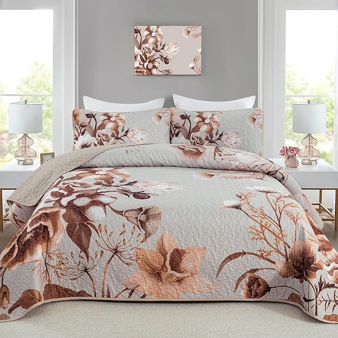 Khaki Floral Quilt Set Queen 3 Pieces Boho Flower Quilt Coverlet Set Soft Microfiber Lightweight Floral Quilted Bedspread with 2 Pillow Shams for All Season 90"x96"