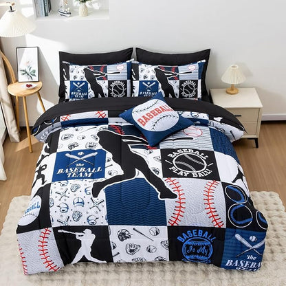 A Nice Night Sports Geometric Grid Black Patchwork Baseball Printed for Boys Queen 6Pcs Bed in A Bag Comforter Bedding Set,Blue