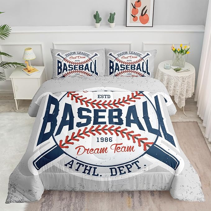 Vintage Sports Baseball Comforter Set 3D Baseballs Printed Bedding Set with 1 Comforter and 2 Pillowcases for Boys and Girls Bedroom All Season(Baseball Twin)