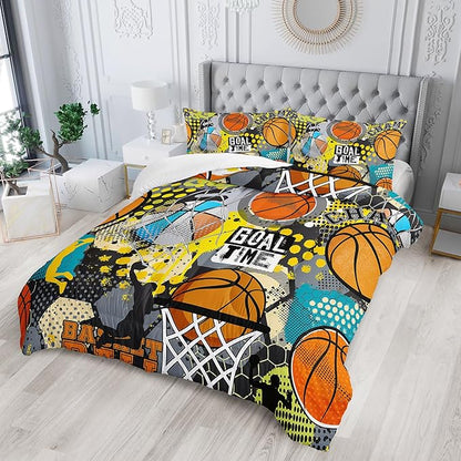 Basketball Bedding Set Queen Size for Kids Teens and Adults Vibrant Basketball Game Printed Comforter Set for Bedroom Soft Microfiber Print Quilt Set with 1 Comforter and 2 Pillowcases