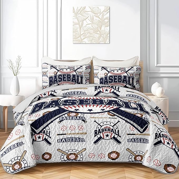 QOOMO Baseball Quilt Set Full/Queen Size,Sports Bedspread Coverlet Set,Sports Games 3Pcs Bedding Set Printed Quilt with 2 Pillowcases,Soft and Lightweight,for All Seasons