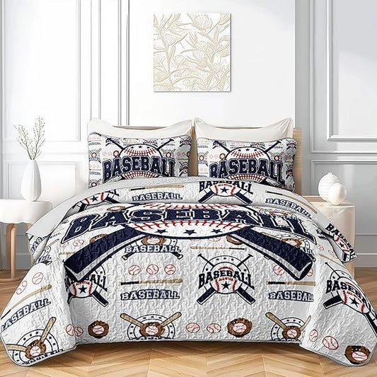 QOOMO Baseball Quilt Set King Size,Sports Bedspread Coverlet Set,Sports Games 3Pcs Bedding Set Printed Quilt with 2 Pillowcases,Soft and Lightweight,for All Seasons