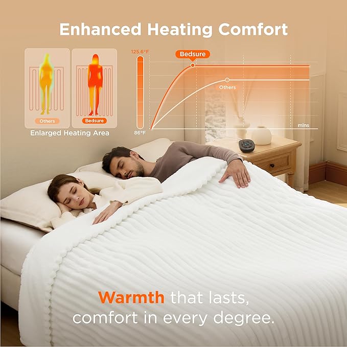 Bedsure Electric Blanket King Size - Thick Striped Flannel Electric Blanket with Dual Control, Heating with 10 Heat Settings & 10 Time Settings, 8 hrs Timer Auto Shut Off (90x100 inches, White)