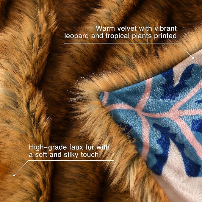 HORIMOTE HOME Long Pile Faux Fur Throw Blanket, with Cheetah and Tropical Plants Printed Pattern, Decorative Fluffy Throw Blanket for Couch Bed Sofa, Birthday Gifts for Women, 60'' x 80''