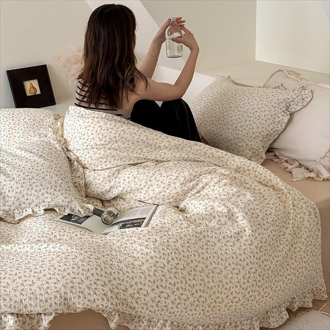 BuLuTu Carmine Flower Print Duvet Cover Full, Soft Lightweight Cotton Muslin Quilt Cover with Zipper Closure Floral Comforter Cover Ruffles Princess Bedding, Machine Washable, Camellia Pattern