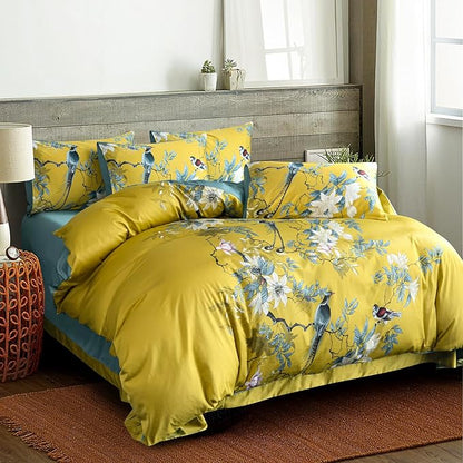 Floral King Duvet Cover 100% Soft Cotton 3 Piece Birds Flowers Garden Tree Branches Print Reversible Duvet Cover with Zipper Closure
