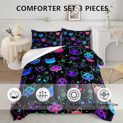 Axolotl Cat Comforter Set Queen,Kawaii Trippy Cat Moon Stars Bedding Set with 1 Comforter 2 Pillowcases for Kids Boys Girls Teens Adults Room Decor All Season,Colorful Neon Trippy Bed Set