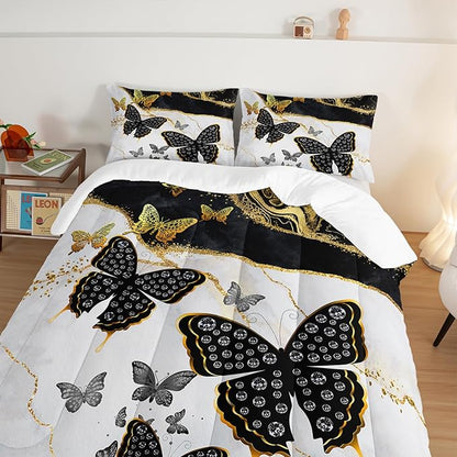 Kids Bedding Twin Size Comforter Set,Black and Gold Butterfly Bedding Comforter Sets for Boys Girls Room Decor,Marble Texture Artistic Aesthetic Bedding Sets with 2 Pillowcases.