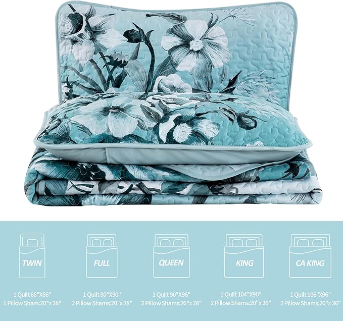 Blue Floral Quilt Set King Size 3 Pieces Boho Flower Quilt Coverlet Set Soft Microfiber Lightweight Floral Quilted Bedspread with 2 Pillow Shams for All Season 90"x104"