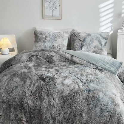 Wajade Faux Fur Plush White Comforter Set Fluffy Fuzzy Shaggy Bedding Set - 3PC Full/Queen Microfiber Soft Warm Quilt Set (Tie Dye Grey White, King)