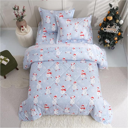 JSD Blue Snowman Kids Comforter Set Queen Size, 3 PC Christmas Winter Printed Microfiber Bedding Set for Boys Girls Teens