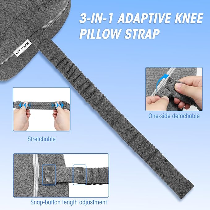 Knee Pillow for Side Sleepers & Sciatica Pain Relief, Memory Foam Leg Pillow for Side Sleeping with Detachable and Adjustable Strap, Two Covers, Blue& Grey, Gifts for Men and Women, One Pillow Only
