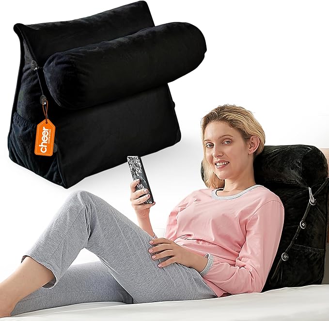 Cheer Collection Reading Wedge Pillow – TV Pillow with Adjustable Bolster Pillow, Memory Foam Back Support for Couch & Bed, Pillow Chair for Bed, Reading Pillows for Adults & Kids, Black
