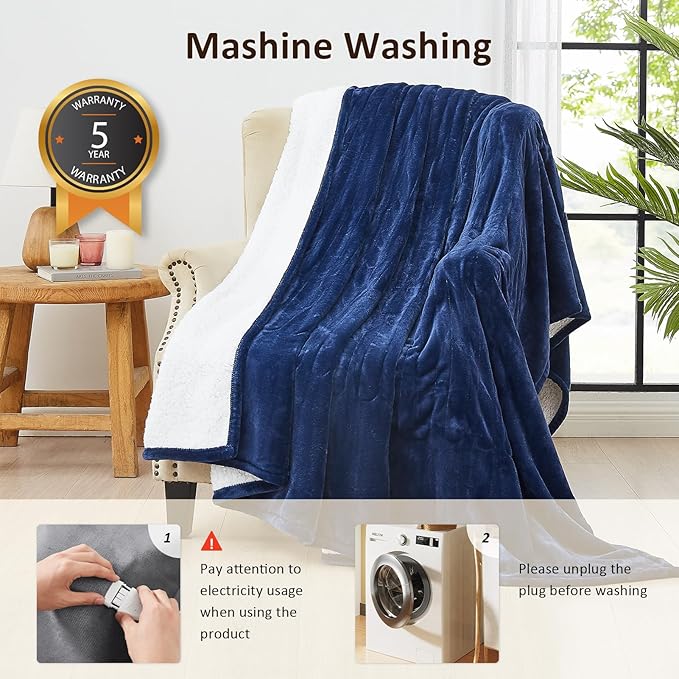 Heated Electric Blanket Twin Size - 62"x84" Flannel Heating Blanket with 10 Heating Levels & 5 Time Settings Over-Heat Protection, Winter Warmer for Adults with ETL Certification（Navy Blue）