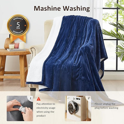 Heated Electric Blanket Twin Size - 62"x84" Flannel Heating Blanket with 10 Heating Levels & 5 Time Settings Over-Heat Protection, Winter Warmer for Adults with ETL Certification（Navy Blue）