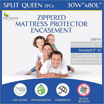Split Queen Mattress Encasement 30" x 80" (2PCs) - Waterproof Zippered Protector Hypoallergenic Premium Quality Cover for Adjustable Beds and Split Mattresses (11"-16" Depth)
