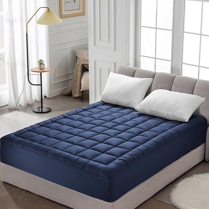 HYLEORY Full Mattress Pad Quilted Fitted Mattress Protector Cooling Pillow Top Mattress Cover Breathable Fluffy Soft Mattress Topper with 8-21" Deep Pocket, Navy