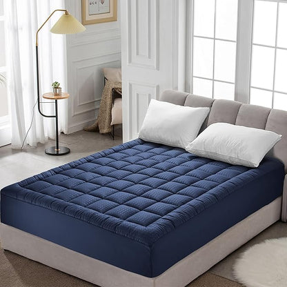 HYLEORY Full Mattress Pad Quilted Fitted Mattress Protector Cooling Pillow Top Mattress Cover Breathable Fluffy Soft Mattress Topper with 8-21" Deep Pocket, Navy