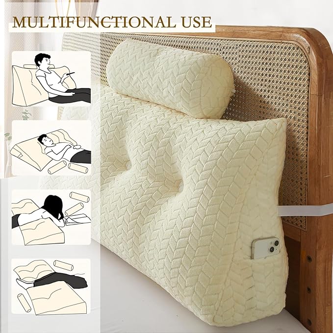 YOUR MOON Wedge Headboard Pillow Twin with 1 Pack Neck Roll Pillows, Triangular Wedge Backrest Pillow Headboard for Bed,Daybed,and Lounging, Large Bed Bolster Pillows,Off White