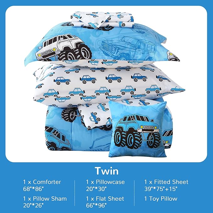 Mooreeke Kids Twin Comforter Sets for Boys 6 Pieces Truck Blue Bedding Set for Teens Soft Microfiber Kids Bed in A Bag with Comforter, Sheet Set, Shams and Decorative Toy Pillow All Season
