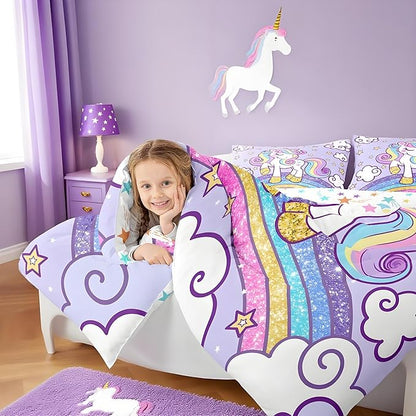Feelyou Unicorn Bedding Toddle Bed Sets for Girls Light Purple Cute Unicorn Comforter for Girls Comforter Set Star Print Kawaii Duvet Quilt Bedroom Decor Rainbow Bedding Cartoon Quilt,All Season