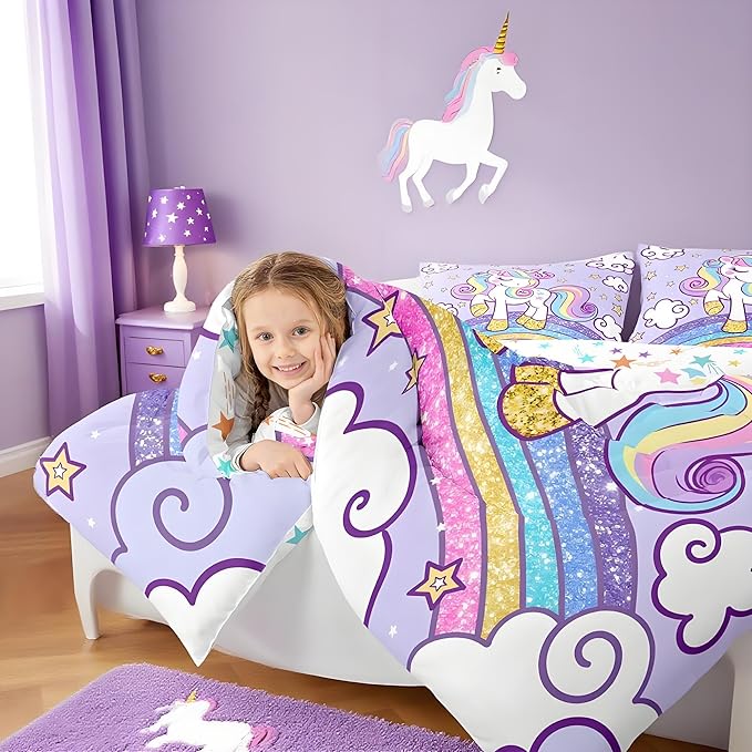 Feelyou Unicorn Bedding King Bed Sets for Girls Light Purple Cute Unicorn Comforter for Girls Comforter Set Star Print Kawaii Duvet Quilt Bedroom Decor Rainbow Bedding Cartoon Quilt,All Season