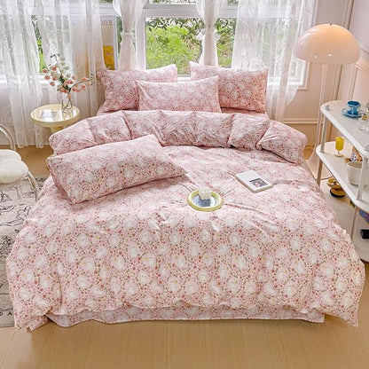 BuLuTu Flowers Rabbit Pattern Pink Duvet Cover Twin, Cute Bunny Duvet Cover for Girls Toddlers Kids 100% Cotton Bedding Set, Animal Twin Comforter Cover 2 Pillow Shams, Zipper Closure