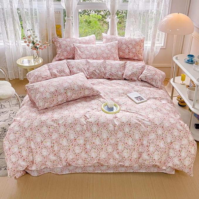 BuLuTu 100% Cotton Kids Girls Duvet Cover Queen Cute Rabbit Floral Bedding Duvet Cover Set for Child Teens Cartoon Bunny Pink Comforter Cover with 2 Pillow Shams Bedroom Decor Bed Sets 3 Pc, Zipped