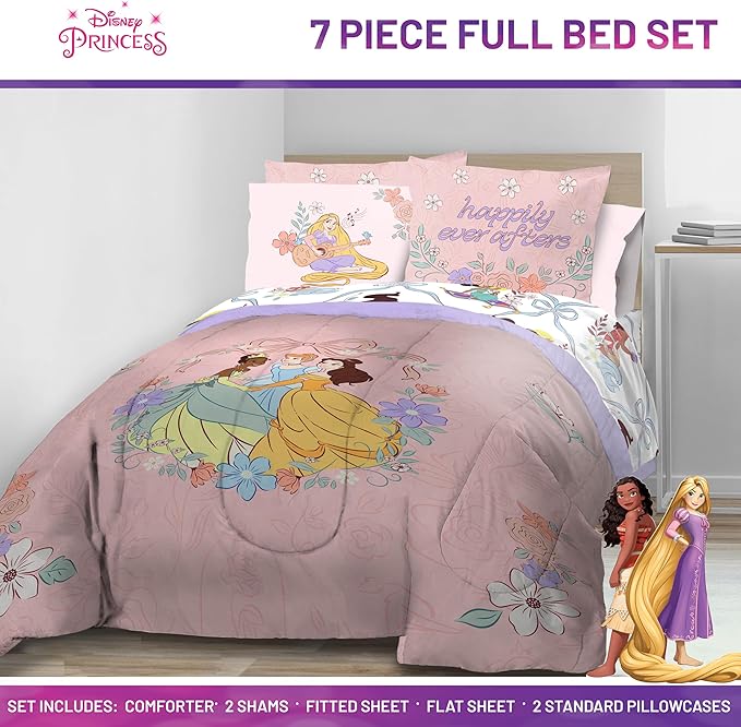Jay Franco Kids Comforter Set Includes Sheets and Pillow Covers - Soft and Cozy Bed Set for Stylish Room Decor, Pink – Disney Princess, 7 Piece Full
