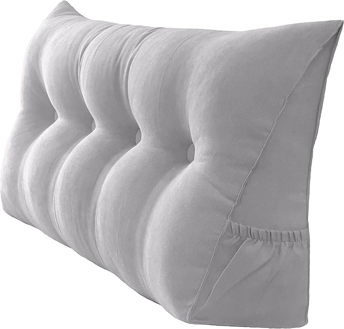 Triangular Reading Bed Rest Pillow Large Bolster Cushion Headboard Backrest Wedge Pillow with Removable Cover and Two Large Side Pockets (Chalk Grey, 47 x 8 x 20 inches)