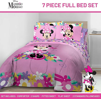 Jay Franco Kids Comforter Set Includes Sheets and Pillow Covers - Soft and Cozy Bed Set for Stylish Room Decor, Pink - Minnie Mouse 02, 7 Piece Full Size Bedding