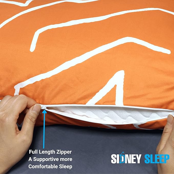Sidney Sleep Curved Pillow Covers - Full Length Zipper Closure - Premium Soft Brushed Microfiber - 20 x 37 Inches - Fits Curved Side Sleeping Pillows (King, Orange/White)