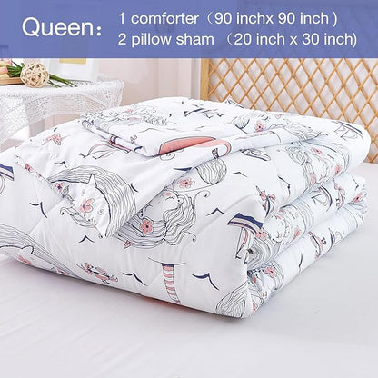JSD Mermaid Comforter Set Queen Size, 3 Piece Girls Ocean Theme Printed Comforter with Pillow Shams Machine Washable