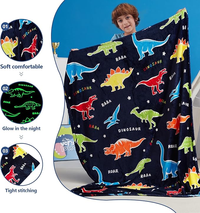 QSTEHEML Dinosaur Glow in The Dark Blanket,Dinosaur Gifts Toys for Boys Age 3 4 5 6 7 8 9 10 11 12 Year Old, Soft Throw Blanket for Kids Boys- Christmas Birthday Bedroom Decor 50"×60"